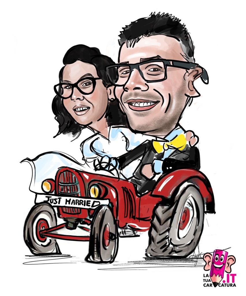 Caricatura sposi su trattatore - deine-karikatur.de